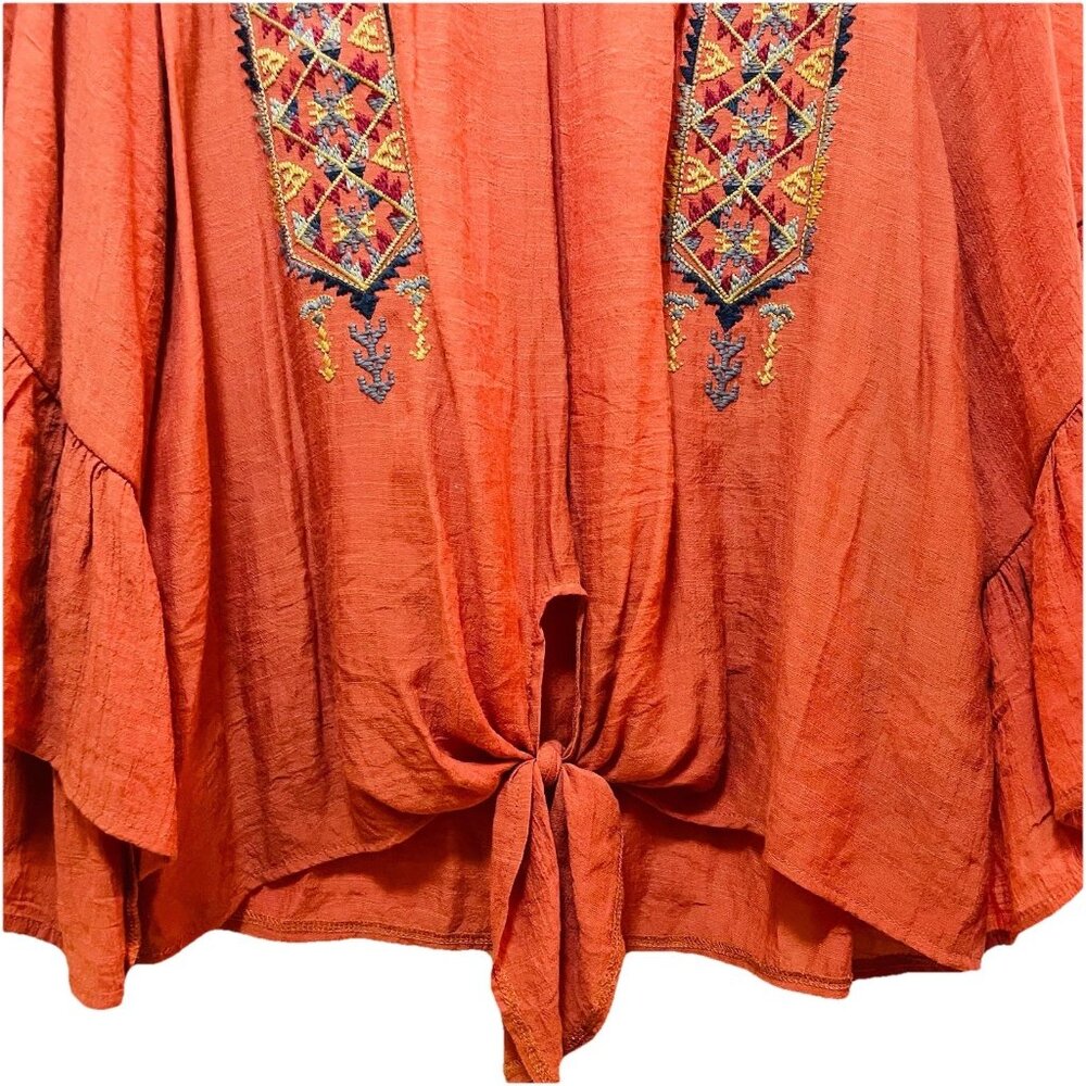 ENTRO Rust-Colored Embroidered Tie-Front Bell Sleeve Boho Shirt Sz L - Picture 9 of 10
